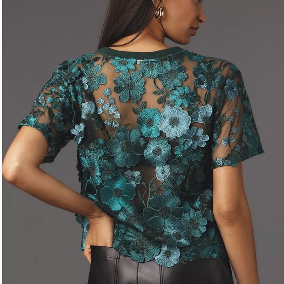 ANTHROPOLOGIE Dolan Left Coast Flower Turquoise Appliqué Sheer Tee Size XS NWT‎ - Picture 3 of 3